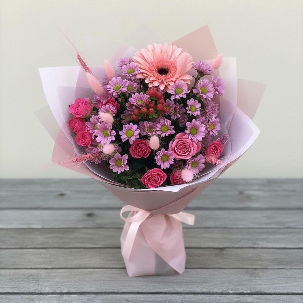 Букет цветов из: Розы, Герберы и Хризантемы в Дубне Московская область