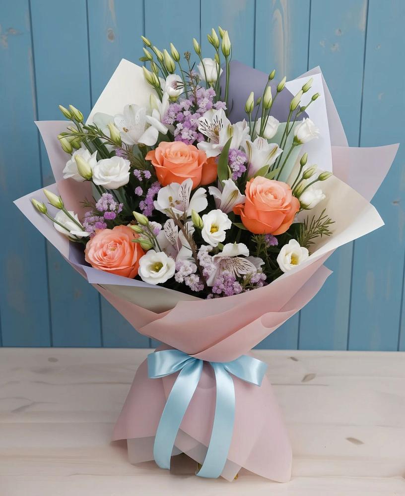 Букет цветов из: Лизиантусы, Розы, Альстромерии и Гипсофила в Дубне Московская область