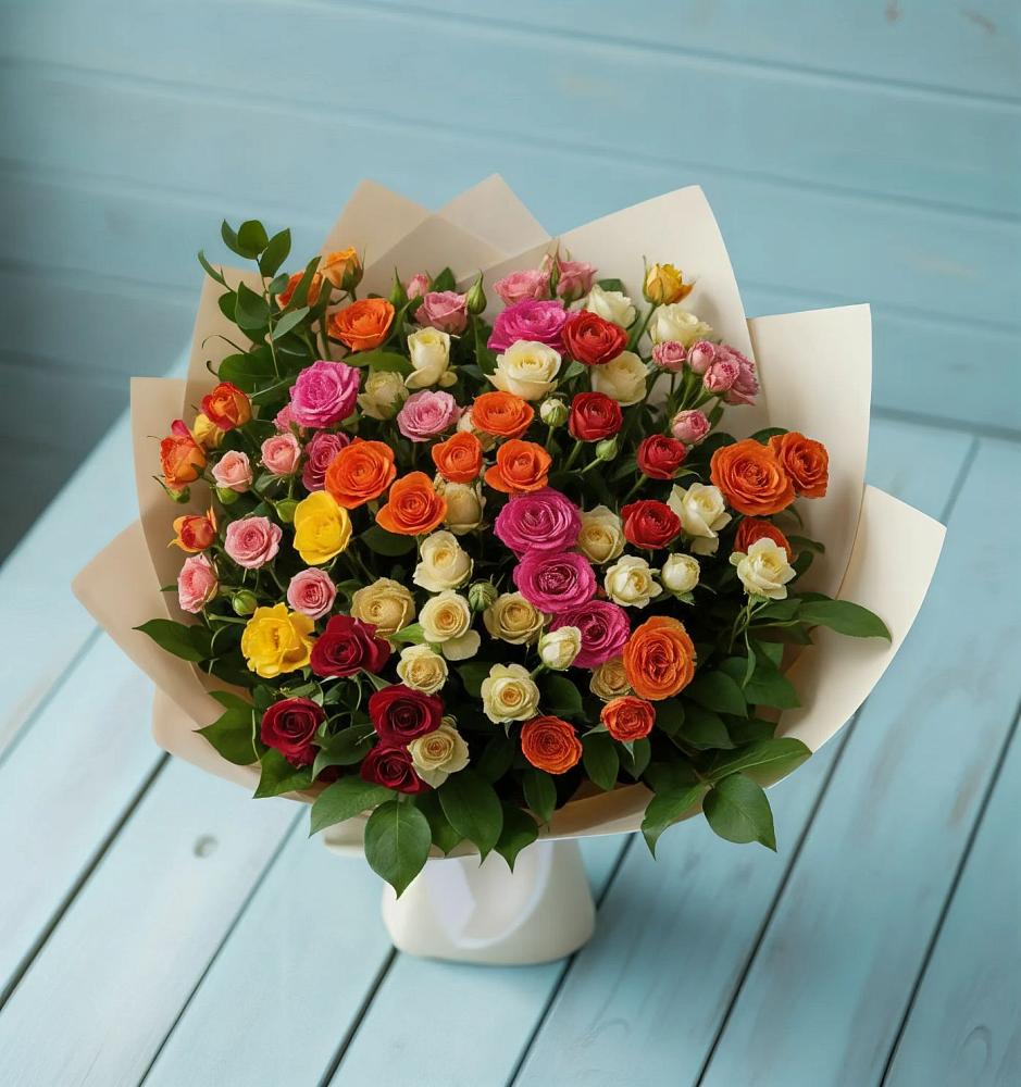 Букет Микс из разноцветных кустовых роз в Дубне Московская область