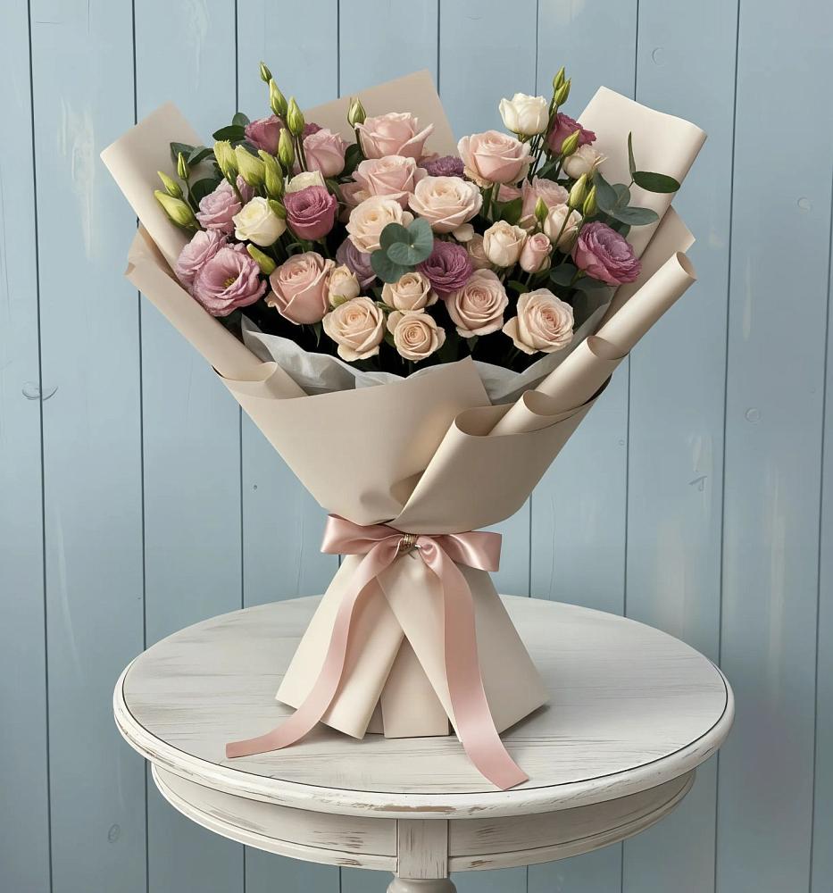 Букет цветов из: Розы и Лизиантусы в Дубне Московская область