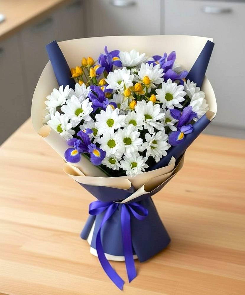 Букет цветов из: Розы, Ирисы и Хризантемы в Дубне Московская область